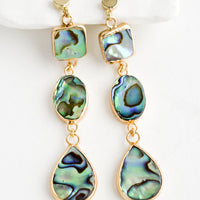 2: A pair of gold drop earrings with three geometric shapes in abalone shell.
