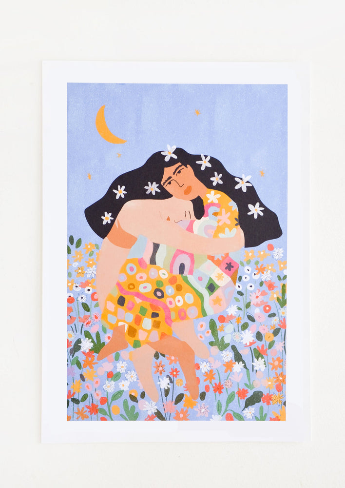 1: A nude figure embraces a woman with flowing black hair and a long colorful dress in a field of flowers against a periwinkle sky and crescent moon.