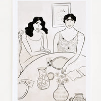 1: Digital art print in black and white picturing two women sitting at a table set with plates, a pitcher and vases.