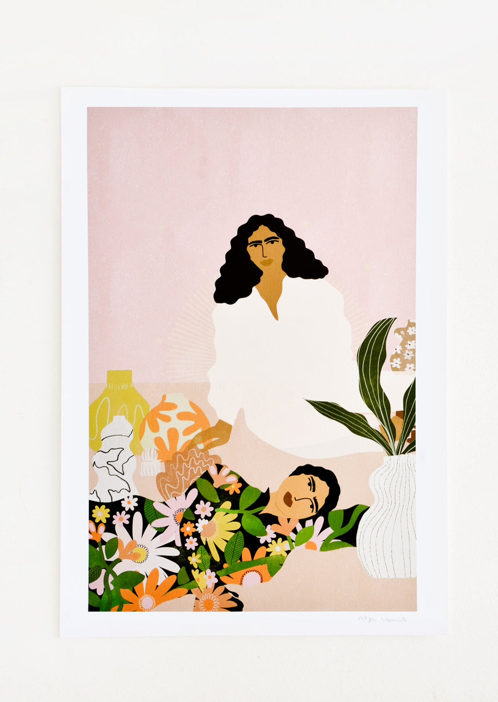 1: Digital art print with pink background and two woman lounging amongst pots and vases.