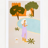 1: Digital art print with white haired woman in a purple dress standing in front of a pool.