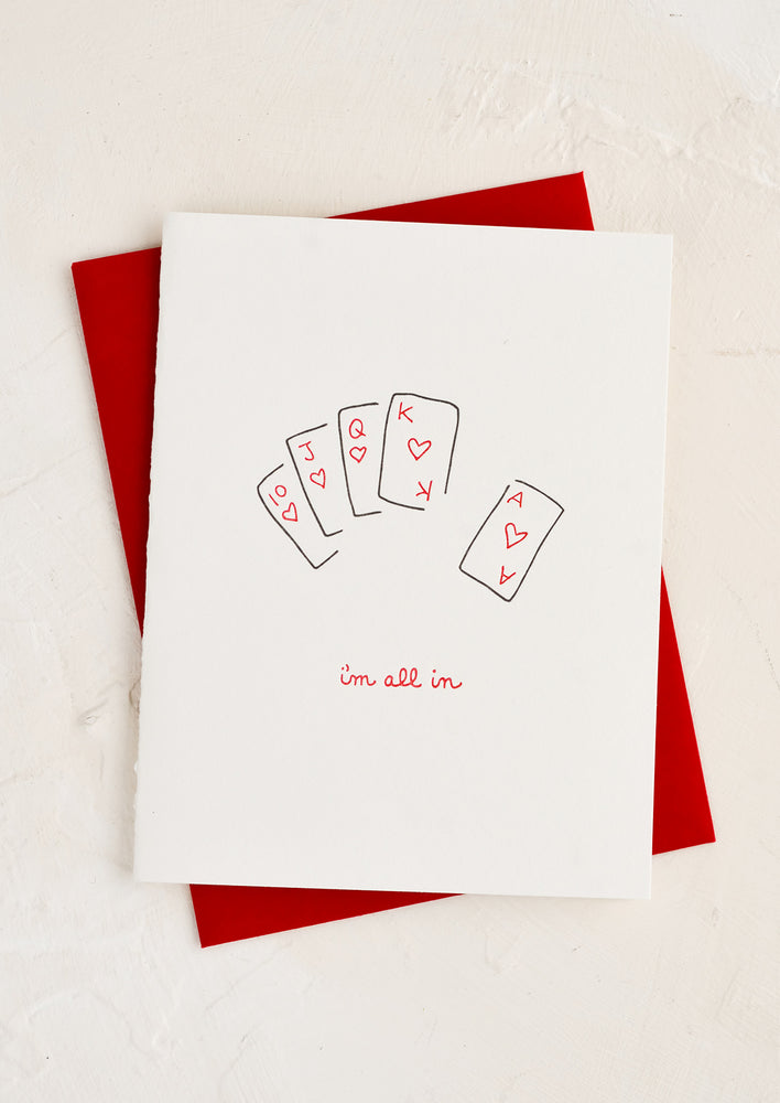 A greeting card with image of deck of cards and text below that reads "I'm all in".
