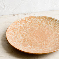 3: A round ceramic plate in dappled, glossy light brown glaze.