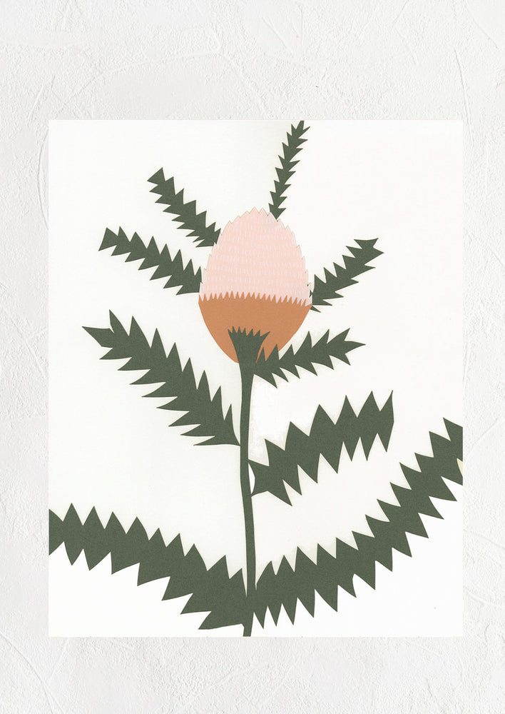 1: A digital art print of original paper cut collage depicting a banksia flower.