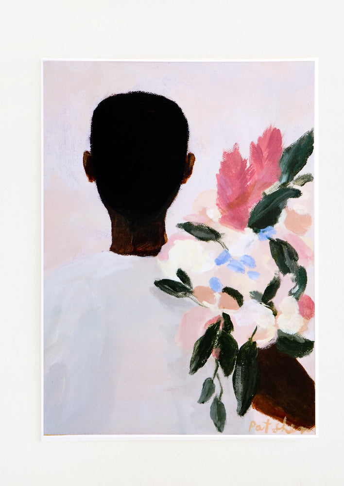Art print featuring a Black man viewed from behind, holding a bouquet of flowers
