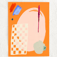 1: A small, original abstract painting with bright orange background.