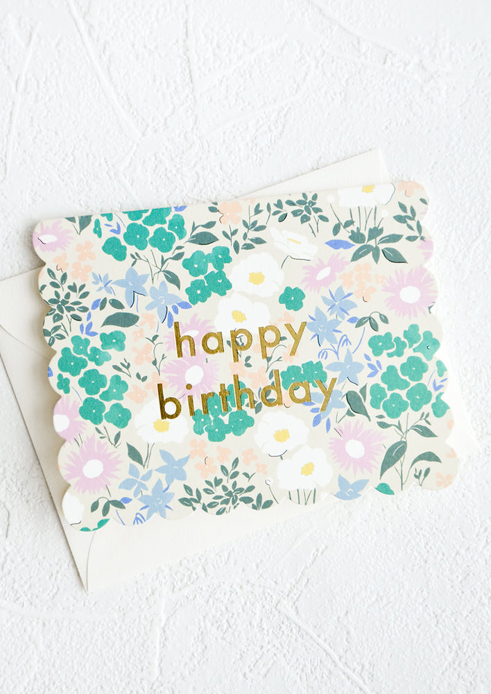 1: Greeting card with die cut scalloped edges, allover floral print and "Happy birthday" printed in gold