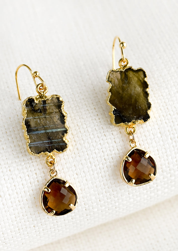 A pair of gemstone earrings with labradorite and faceted crystal.