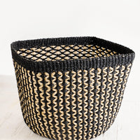 Large: Square storage basket in black with tan zigzag design and black top rim