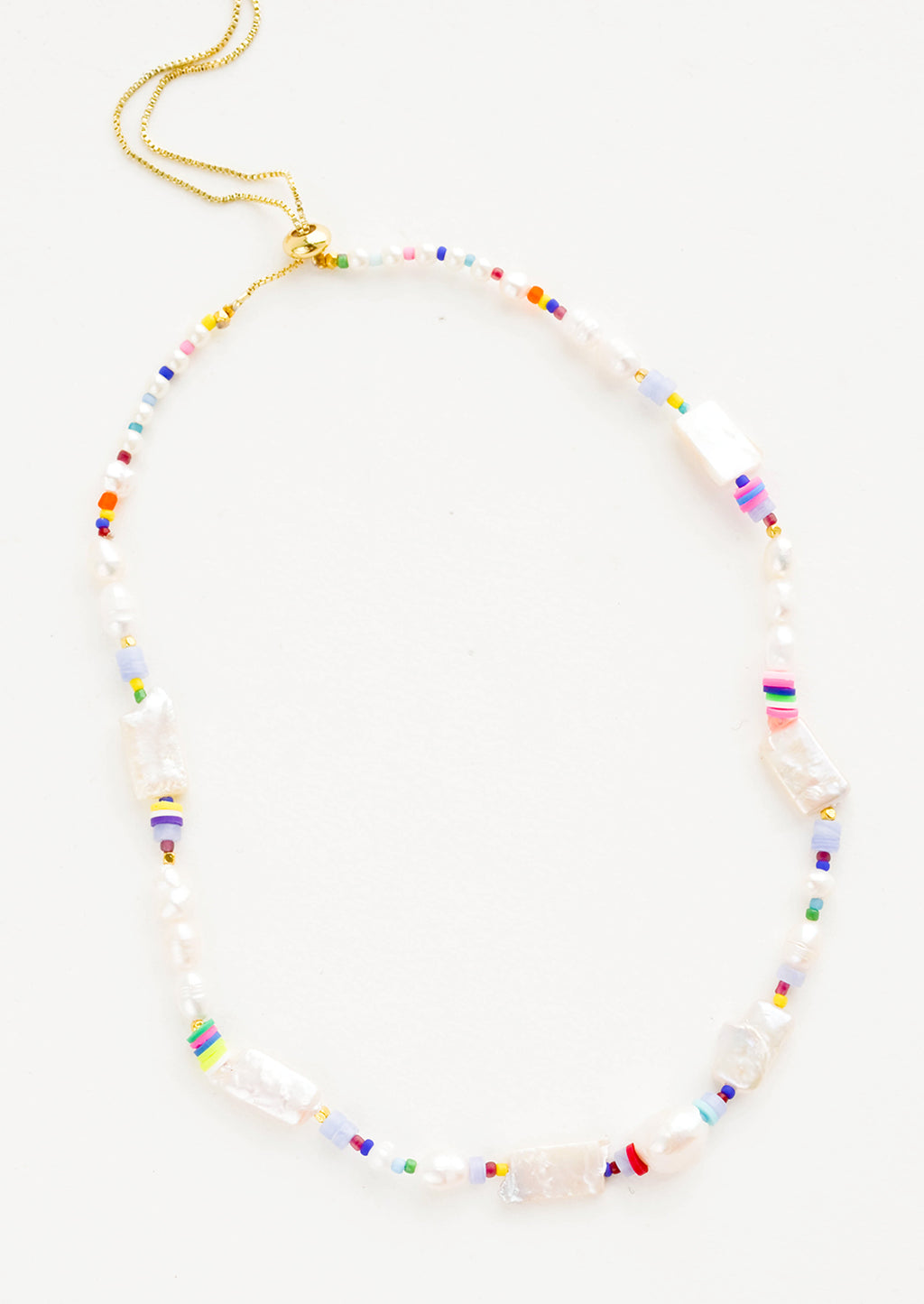 1: Beaded necklace with square freshwater pearls, multicolor heishi beads and colored seed beads on gold box chain