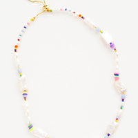1: Beaded necklace with square freshwater pearls, multicolor heishi beads and colored seed beads on gold box chain