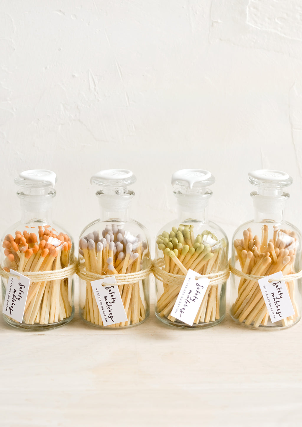 2: Safety matches in vintage style glass apothecary jars, with four match tip color options.
