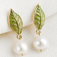 Single Leaf: A pair of earrings with leaf enamel post and pearl.