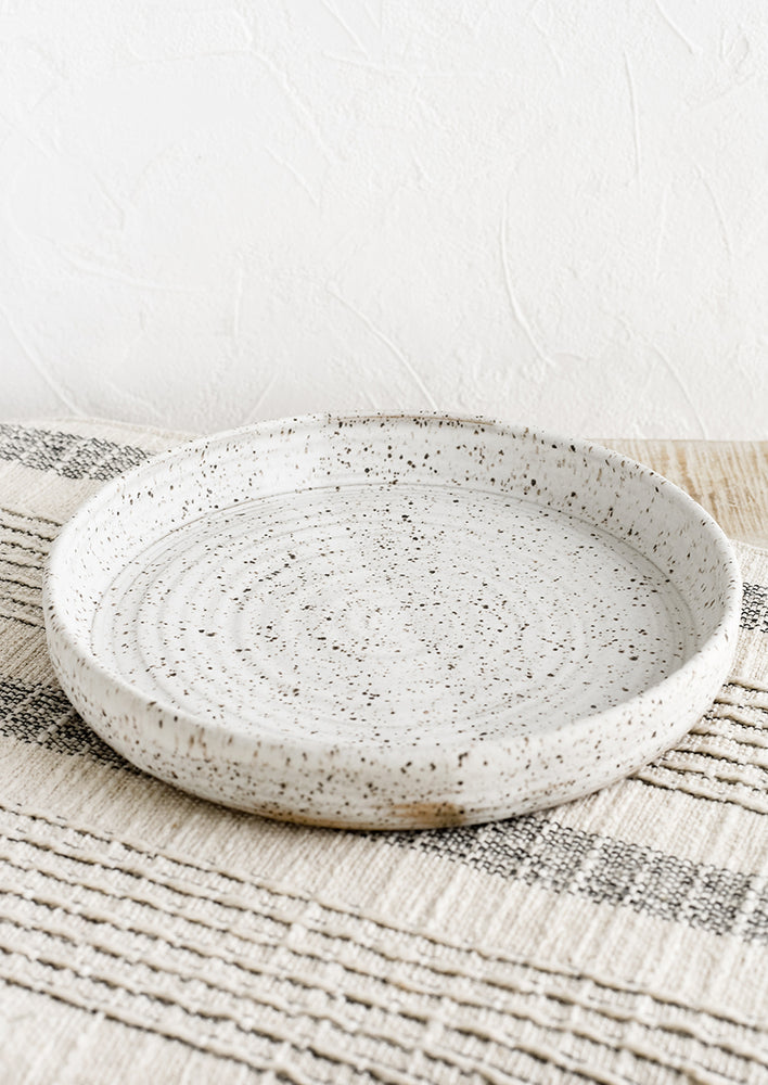 A shallow serving plate in speckled white.