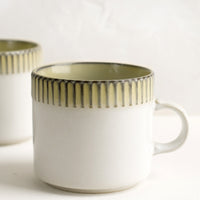 White Multi: A ceramic mug in white with ribbed yellow border along rim.