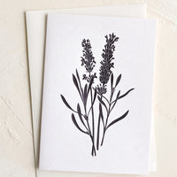 Lavender: A white greeting card and envelope with lavender herb print.