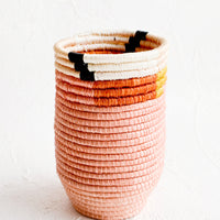 1: Pencil cup shaped woven sweetgrass basket in pink color combo with geometric trim