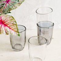 1: Clear and grey glass cups on a table with plant