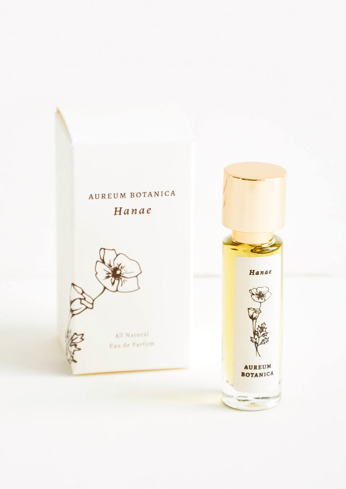 All natural perfume in glass bottle with botanical label in "Hanae" scent