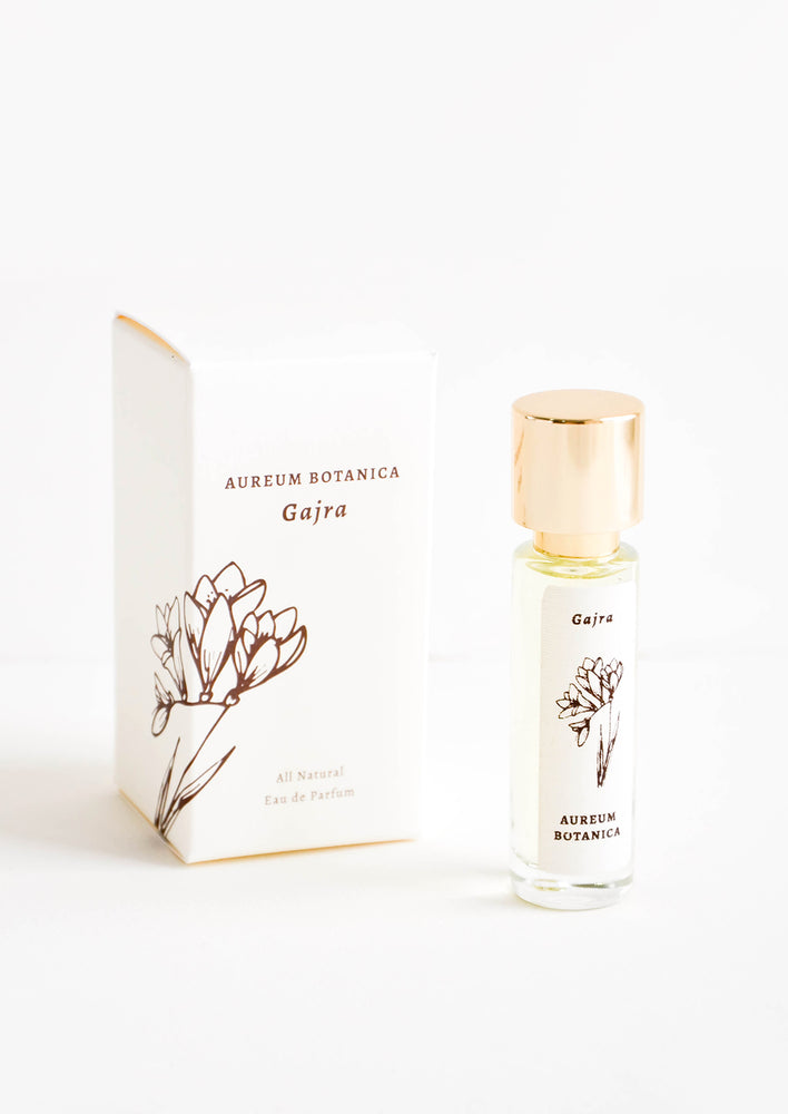 All natural perfume in glass bottle with botanical label in "Gajra" scent
