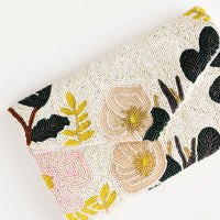 1: Envelope-style clutch with allover glass beading in pastel floral pattern