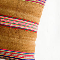 2: Square throw pillow in striped vintage wool fabric. Brown with colorful rainbow stripes.