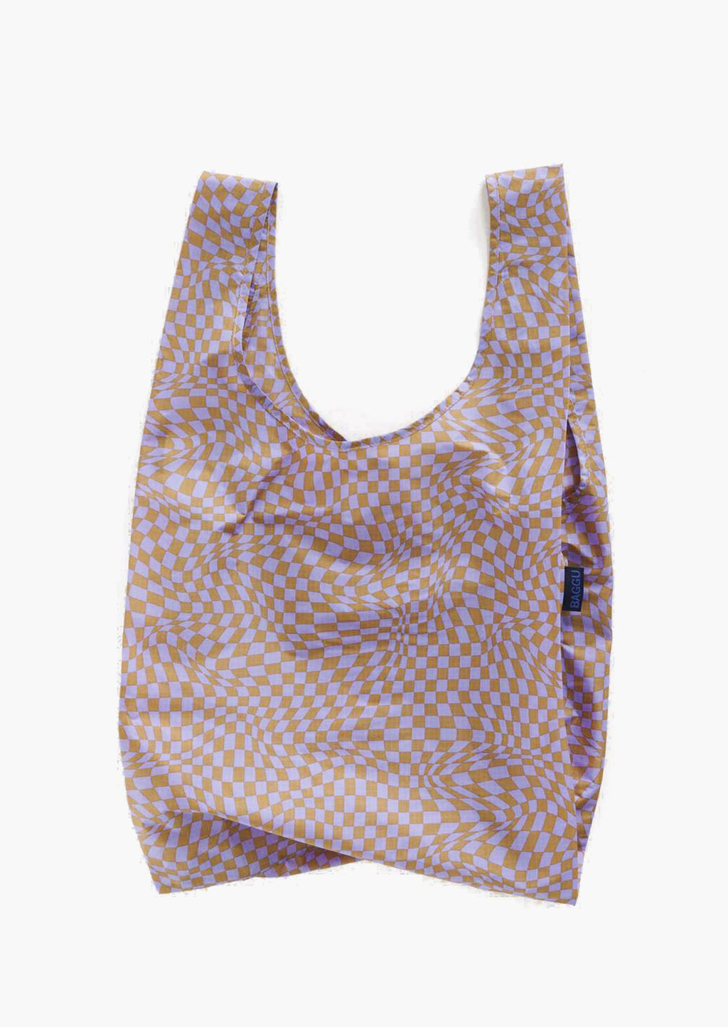 Lavender Trippy Checker: A reusuable standard Baggu bag in lavender trippy checker print.