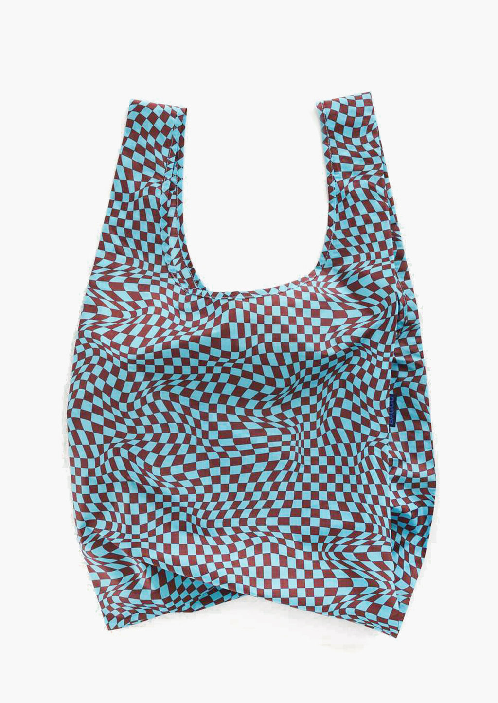 Sky Trippy Checker: A reusuable standard Baggu bag in blue trippy checker print.