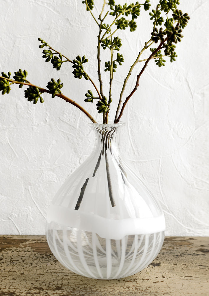 1: A clear balloon shaped glass vase with white stripe banding.