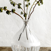 1: A clear balloon shaped glass vase with white stripe banding.