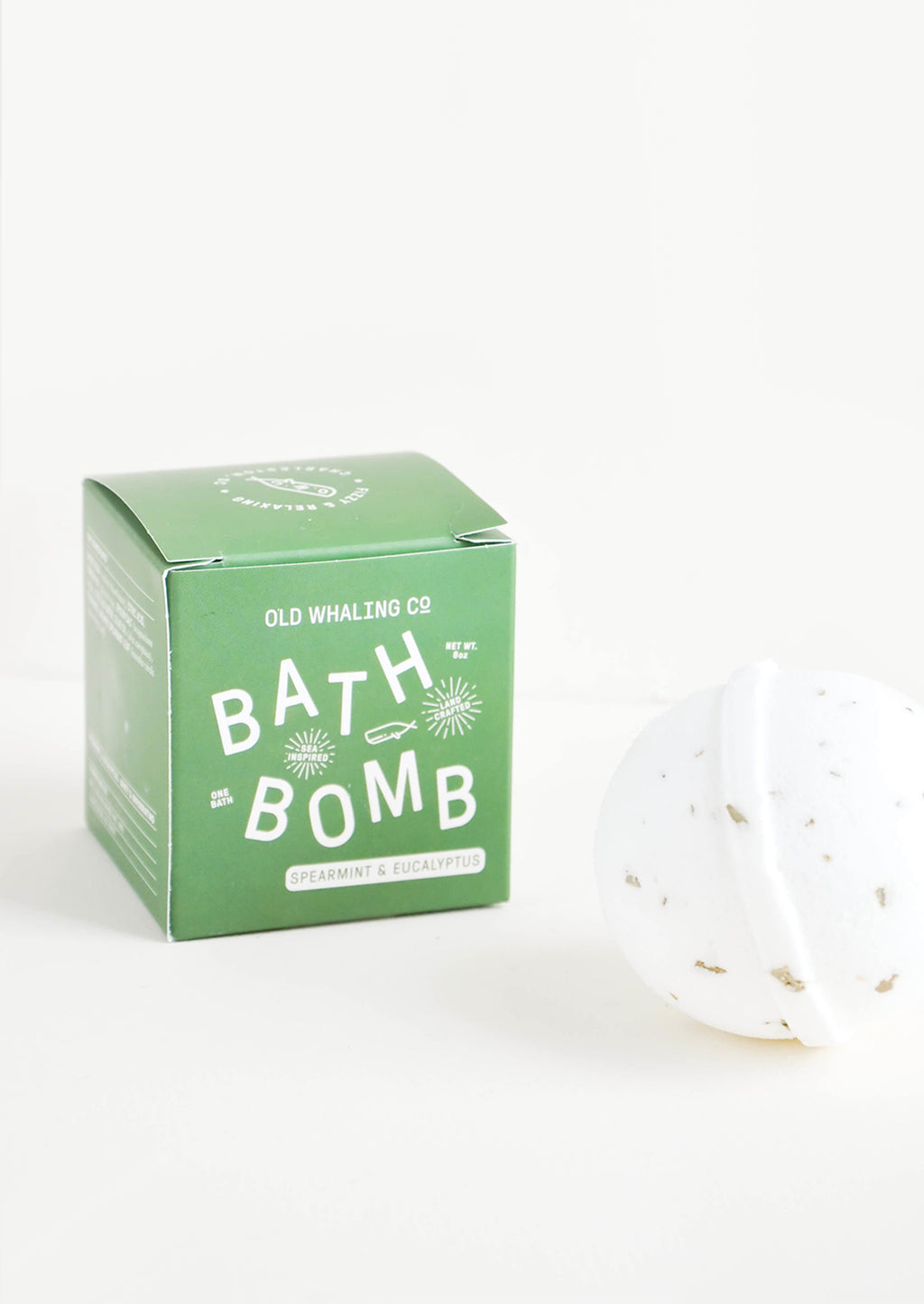 Spearmint & Eucalyptus: White colored, round bath bomb with green box packaging