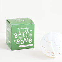 Spearmint & Eucalyptus: White colored, round bath bomb with green box packaging