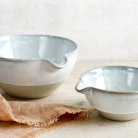 1: Two ceramic bowls with pouring spouts in large and small sizes.