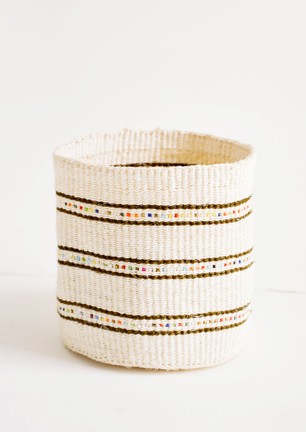 Medium: Natural sisal grass basket with stripes and rainbow beading