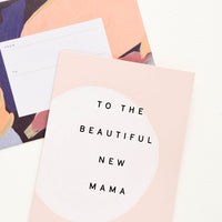 2: Greeting card with hand painted circle and black text reading "To The Beautiful New Mama", paired with abstract printed envelope