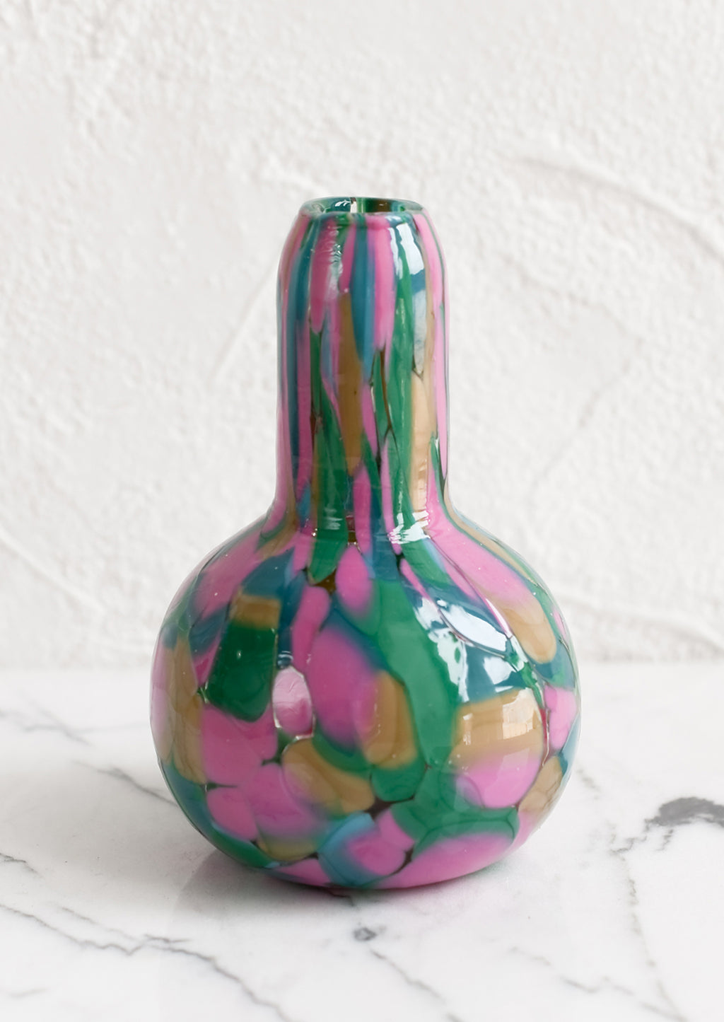 Gourd: A speckled glass vase in pink, teal and green palette.