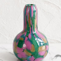 Gourd: A speckled glass vase in pink, teal and green palette.