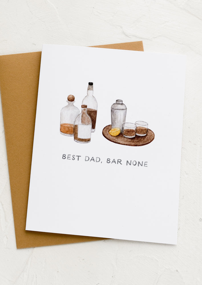 A greeting card with image of bar cart reading "Best Dad, Bar None".