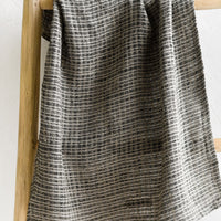 1: A linen tea towel in black and grey mini check print.