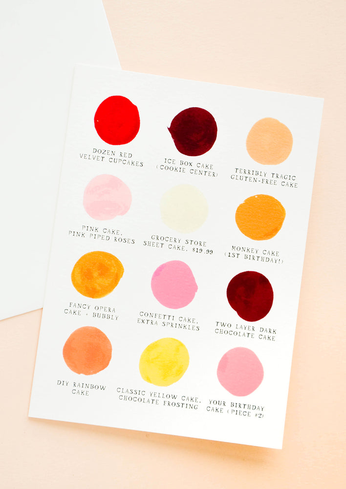 1: Greeting card with color palette swatches in birthday cake colors