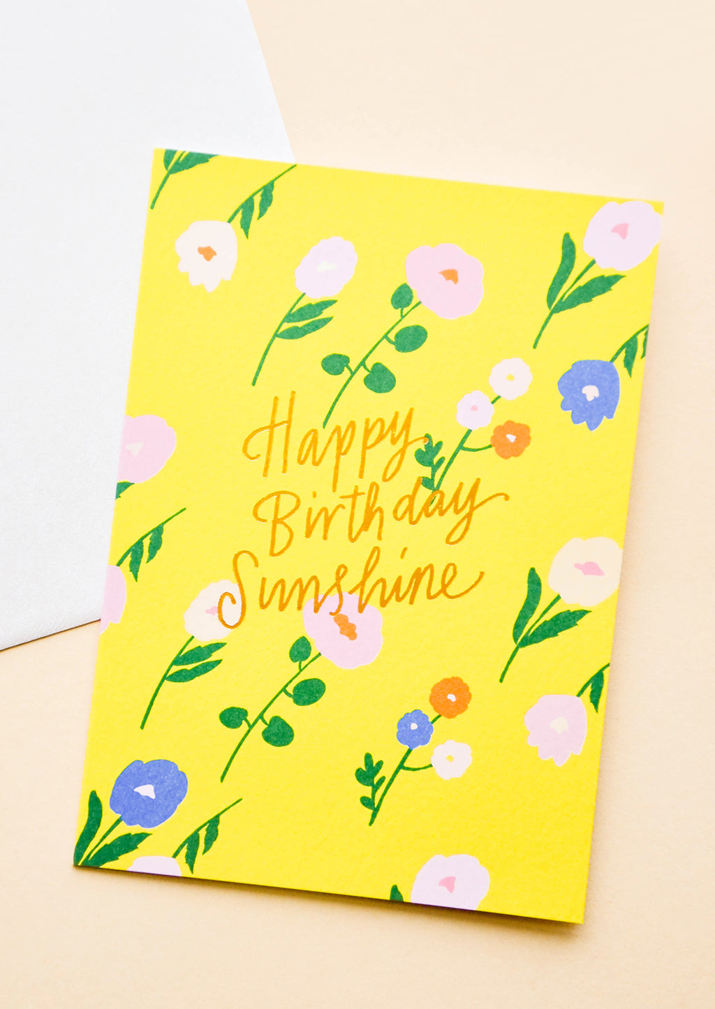 1: Greeting card in sunny yellow with flowers and "Happy Birthday Sunshine" in gold text