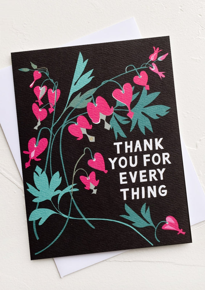 1: A black greeting card with illustration of bleeding heart plant and text reading "Thank you for everything".