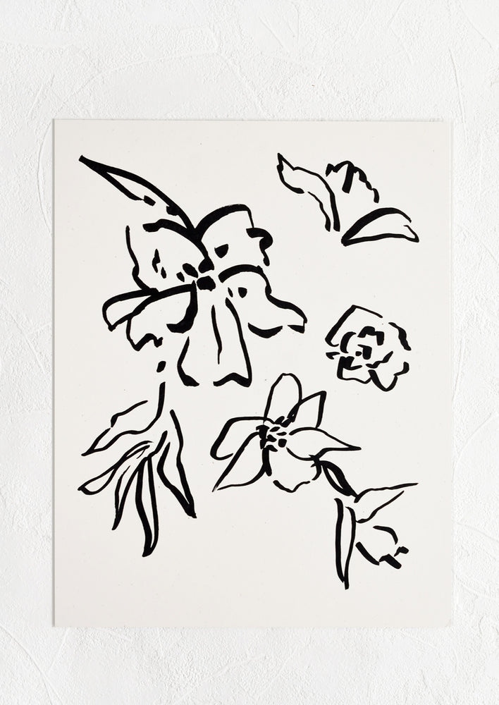 Art print of black line floral drawing on white background.