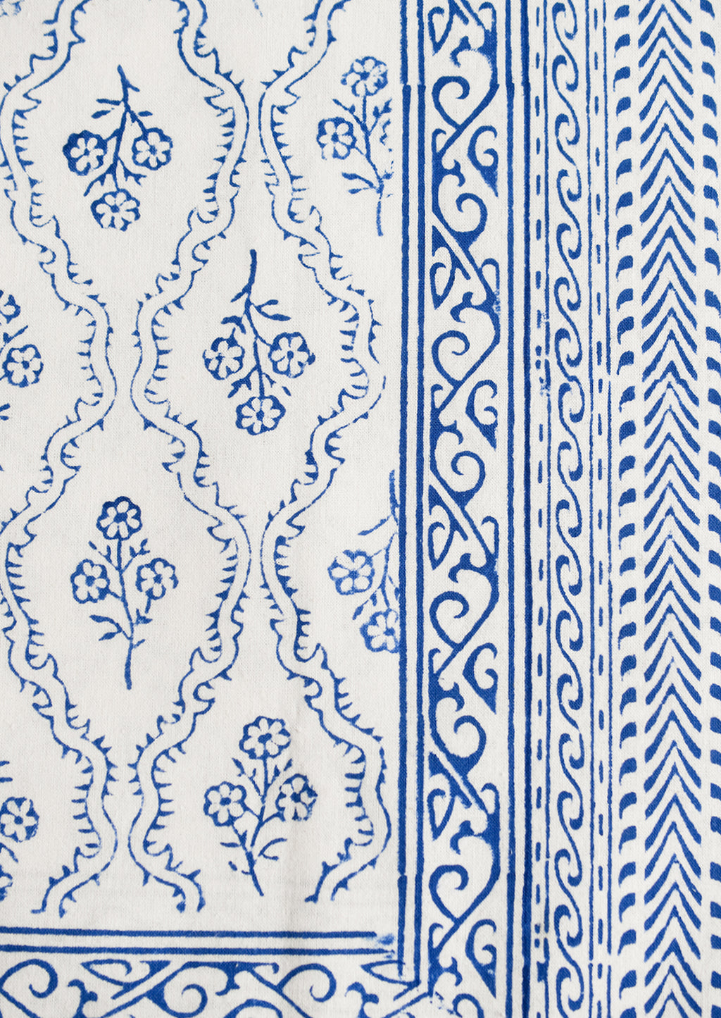 2: A blue and white block printed, floral print tablecloth.