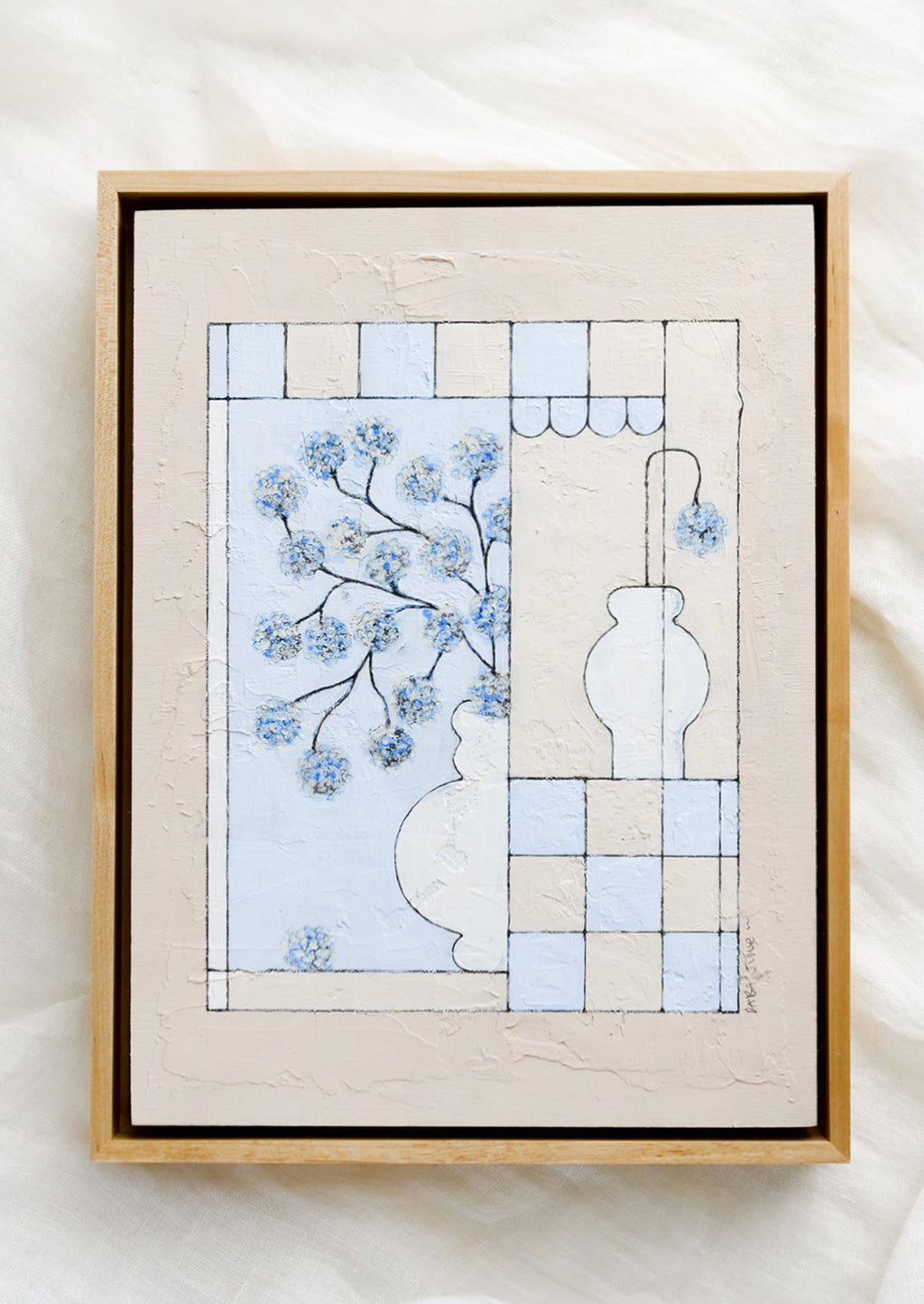 1: A framed original still life painting in blue and beige.