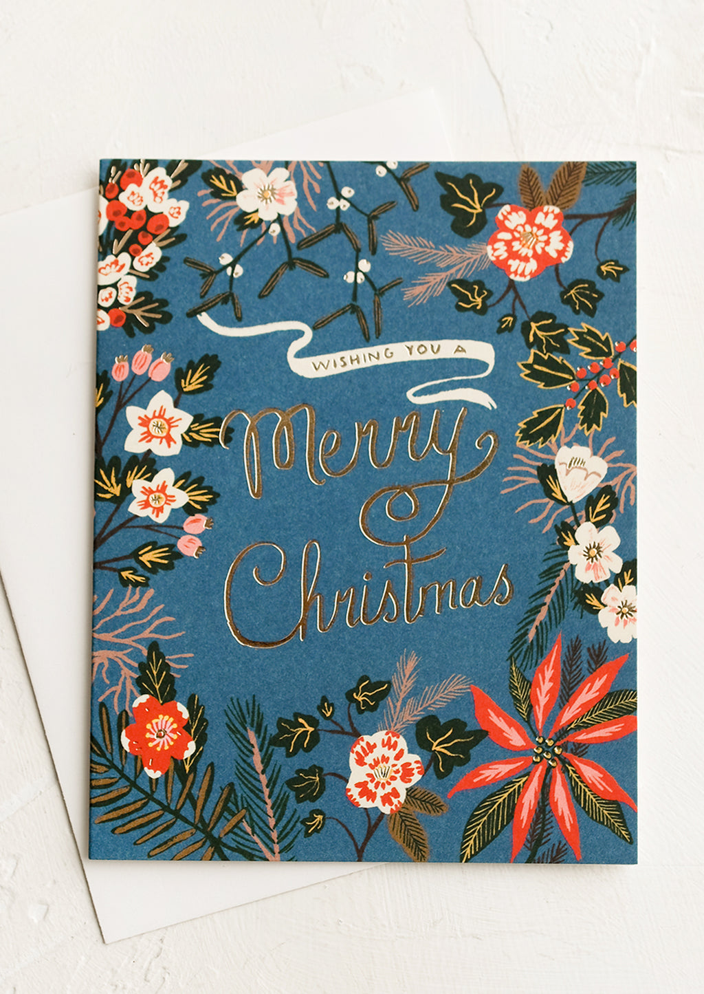 1: A greeting card with poinsettia floral print, gold text reads "Wishing you a merry christmas".