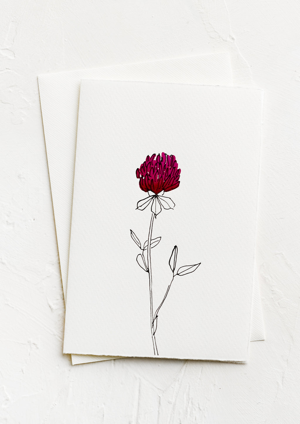 Red Clover: A white greeting card with a hand painted illustration of a red clover flower.