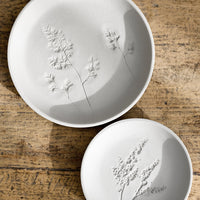 Small / Grey: Botanical imprint porcelain plates in grey.