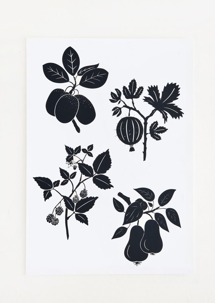A black and white digital art print with silhouetted botanical imagery.