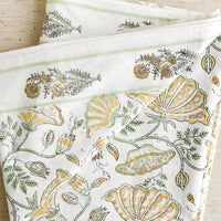 Mint Multi: A botanical block printed tablecloth in mint and yellow.